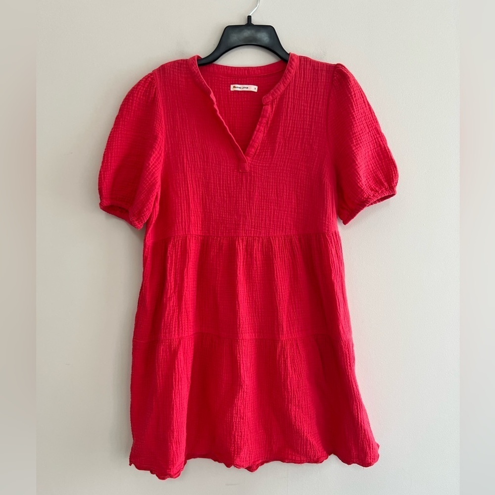 Marine Layer Short Sleeved Pullover Tiered V-Neck Cotton Mini Dress Red, Small